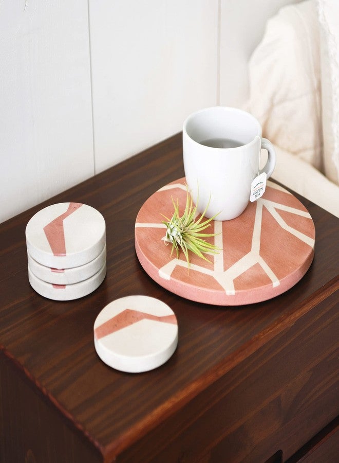 Main + Mesa Round Sandstone Coasters with Abstract Design, Off-White/Terracotta, Set of 4 - Image 3